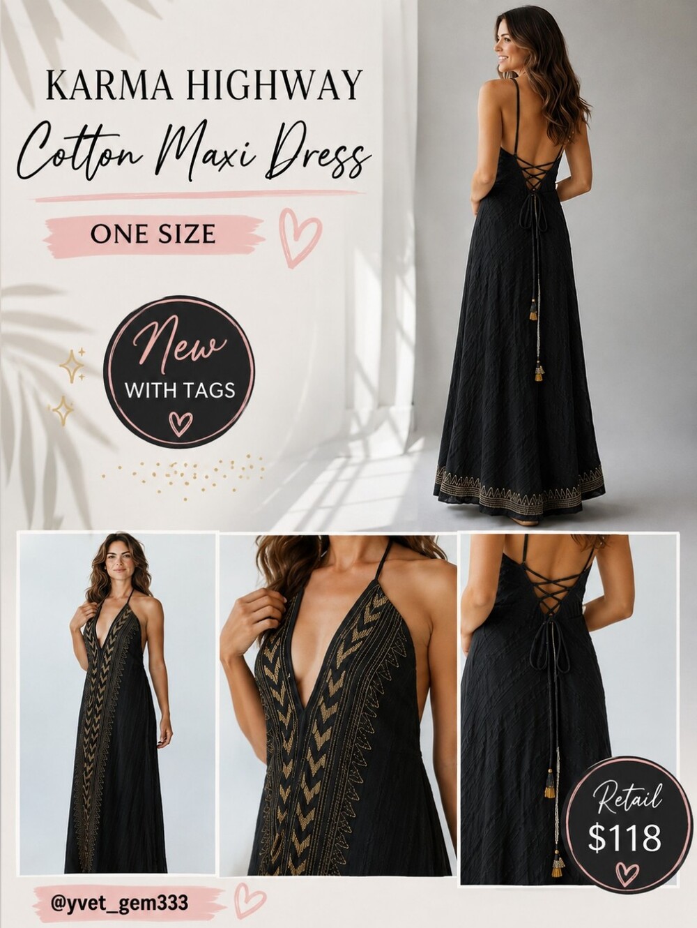 Karma Highway Black Cotton Boho Maxi Dress – One Size NWT